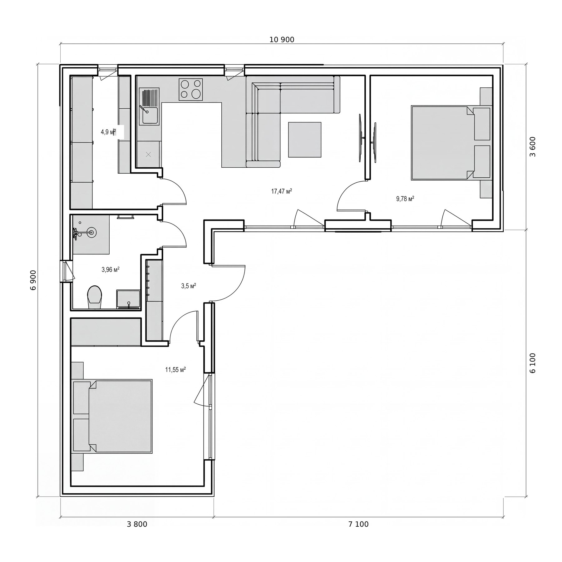 Málsett grunnmynd KUBO 64, L-laga 10,9 x 6,9 metrar